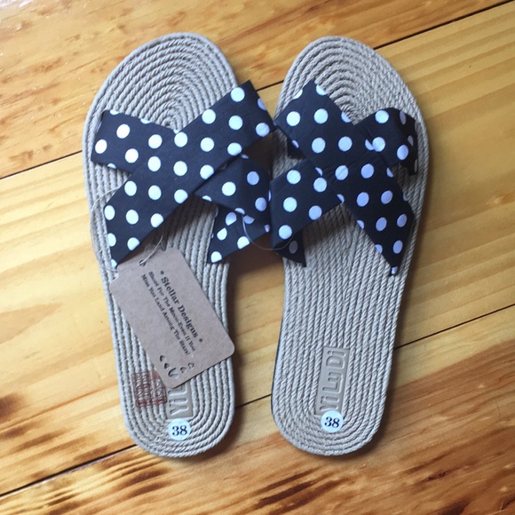 New! Espadrille Polka Dot Strap Summer Slide Sandals Flip flip - Picture 4 of 8